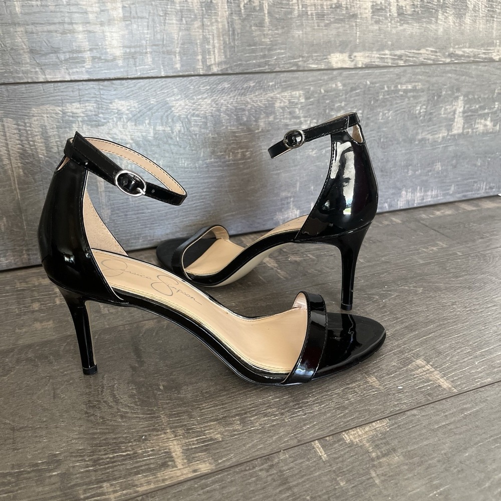Jessica Simpson Chic Black Patent Strappy Heels Minimal Ankle Strap Stiletto 7M - Picture 15 of 15